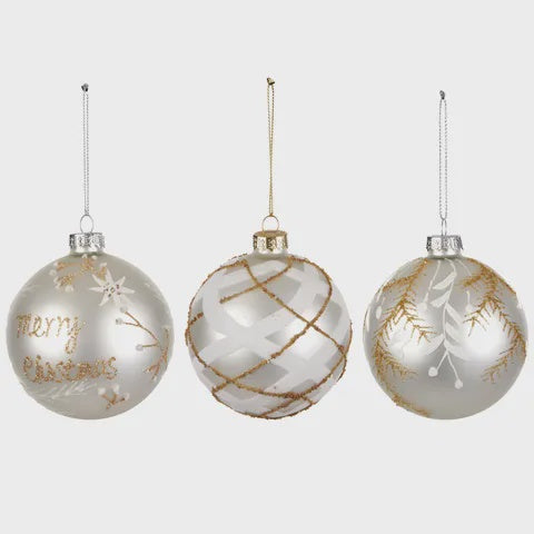 Glass Bauble Matte White - 3 Assorted