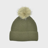 Ribbed Knit Pompom Beanie - Khaki
