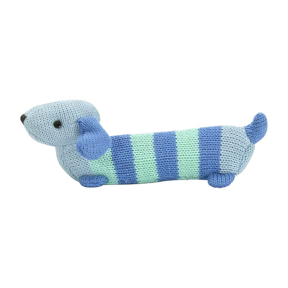 Knitted Hand Rattle - Dachshund Blue