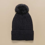 Braided Twist Pompom Beanie - Black