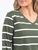 Foxwood Manly Vee Long Sleeve Tee - Khaki & White Stripe