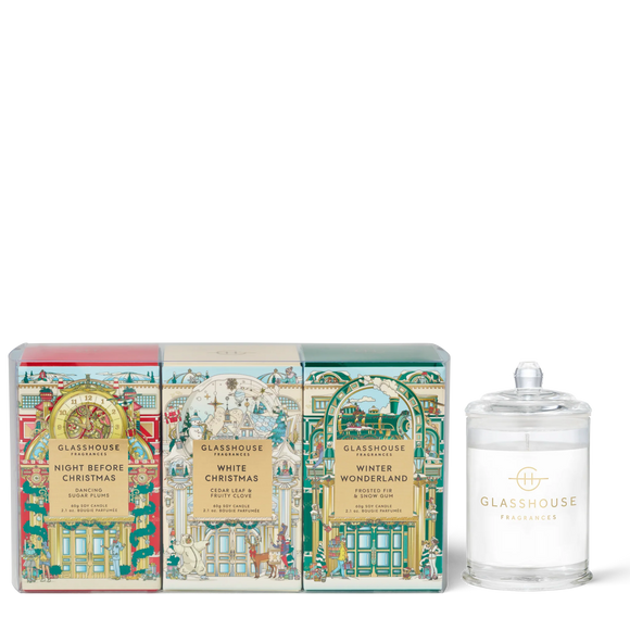 GLASSHOUSE FRAGRANCES Christmas Candle Trio Set 3 x 60g Triple Scented Soy Candles