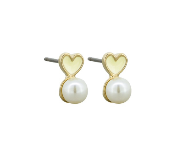 Earrings - Cream Enamel Heart and Pearl Stud
