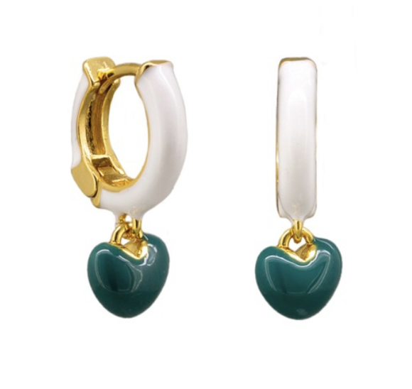 Earrings - White Two Tone Enamel Heart Huggies