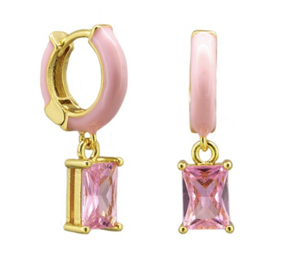 Tiger Tree Earrings - Pink Enamel and Pink CZ Hoops