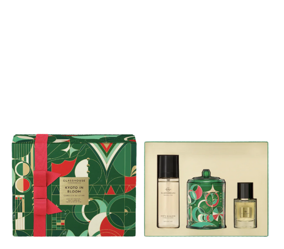 GLASSHOUSE FRAGRANCES Kyoto in Bloom Trio Set 200g Candle, 30 EDP & 100ml Hair & Body Mist
