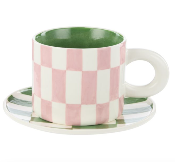 Check Mug & Plate Set - Pink & Green