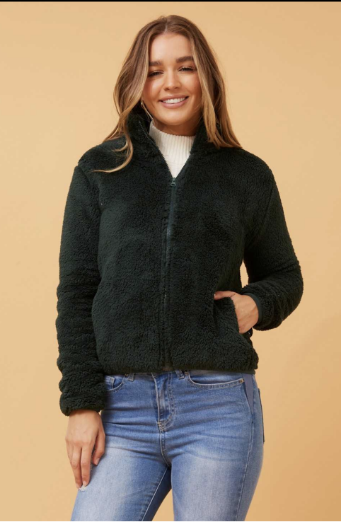 Teddy Bear Zip Cuffed Jacket - Forest Green