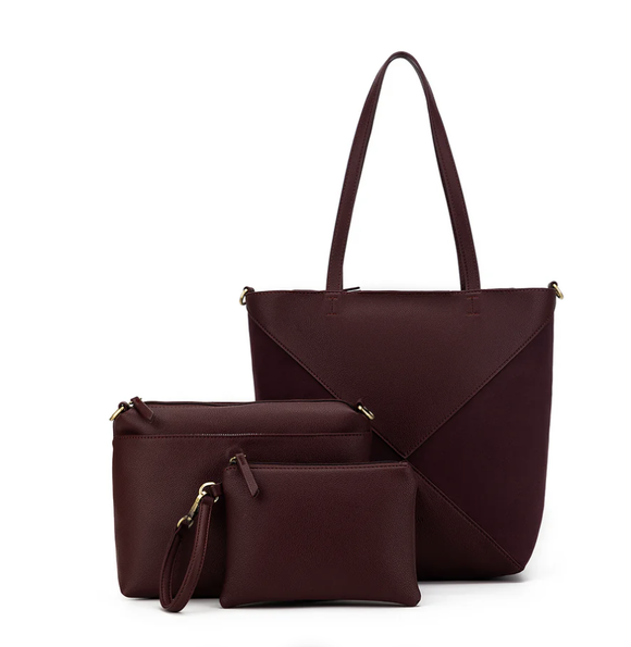 Black Caviar Renee 3 Piece Suedette Handbag - Burgundy