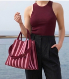 Vertical Stripe Crossbody Tote Bag - Burgundy