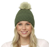 Ribbed Knit Pompom Beanie - Khaki