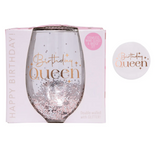 Celebration Birthday Queen  Glitter Stemless Glass & Badge Set