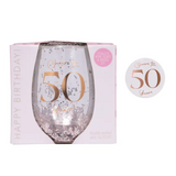 Celebration 50th Glitter Stemless Glass & Badge Set