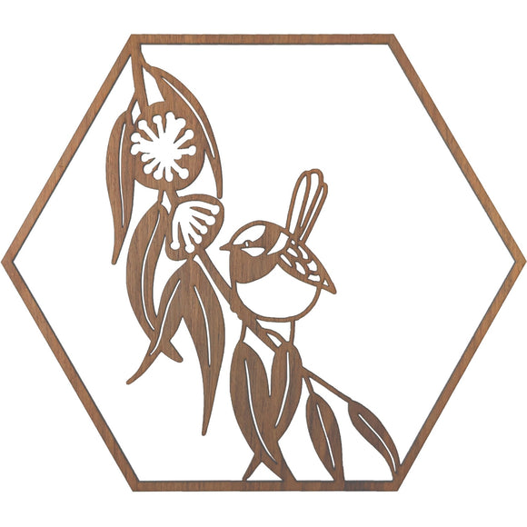 Australian Timber Hexagon Wall Art: Blue Wren