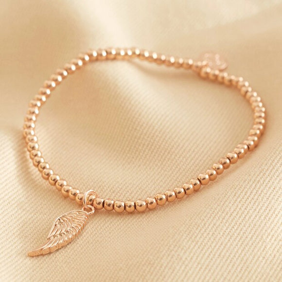 Beaded Bracelet with Wing Charm - Rose Gold