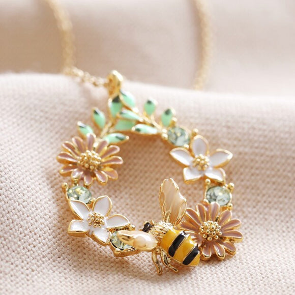 Necklace - Crystal Flower & Bee Droplet Gold