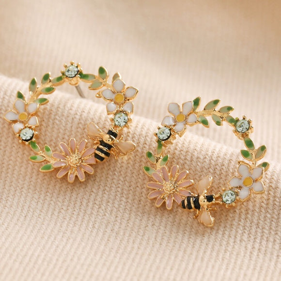 Earrings - Crystal Flower & Enamel Bee Gold
