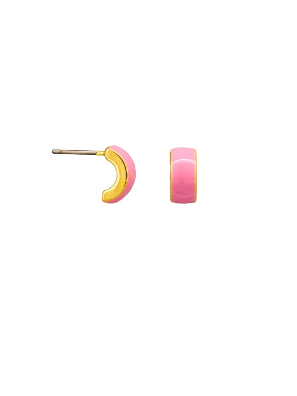 Earrings - Pink Enamel Half Moon Huggies