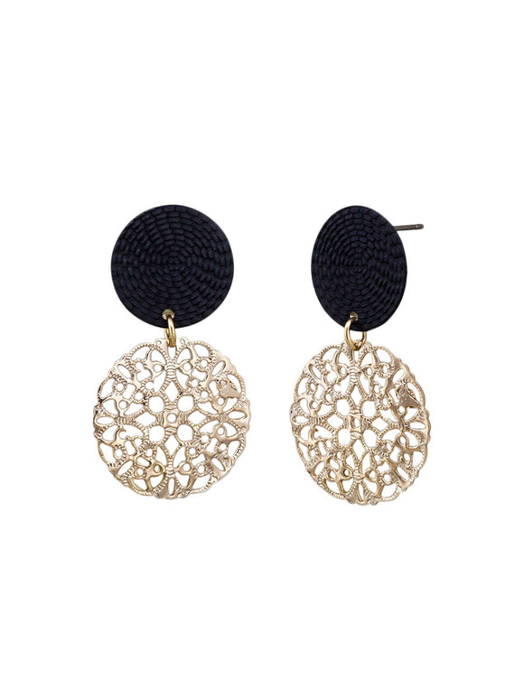 Earrings - Black Filigree Disc