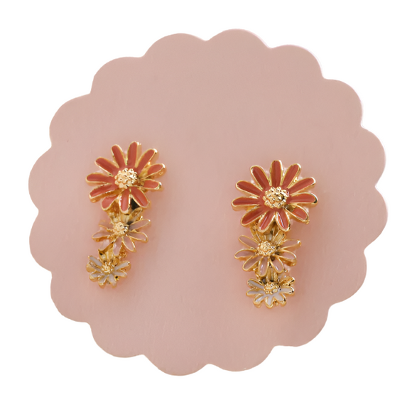 Earrings - Triple Enamel Flower Studs Gold