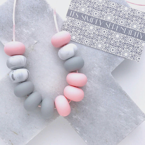Silicone Bead Necklace - Pink Grey Marble