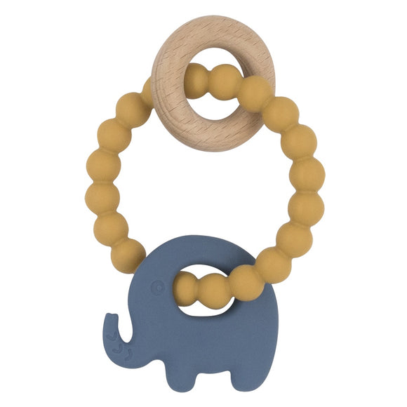 Silicone Beechwood Teether - Elephant Steel Blue