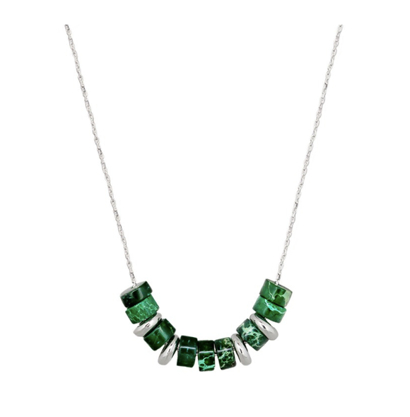 Necklace - Beaded Green & Silver