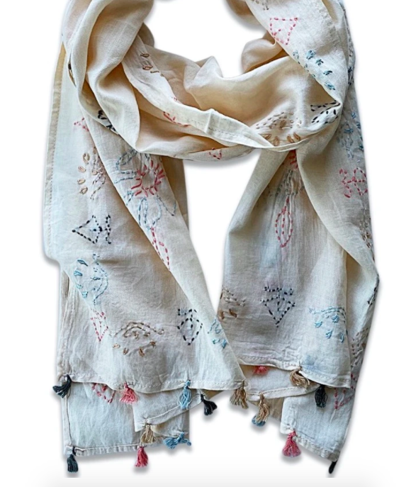 Scarf - Embroidered with Tassels