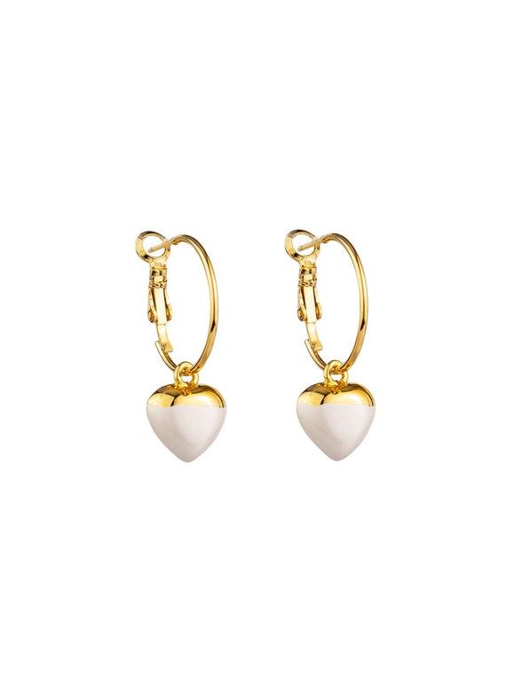 Earrings - Gold White Dipped Heart Hoops
