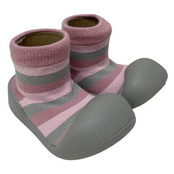 Little Eaton Rubber Soled Socks - Pink/Grey Stripe